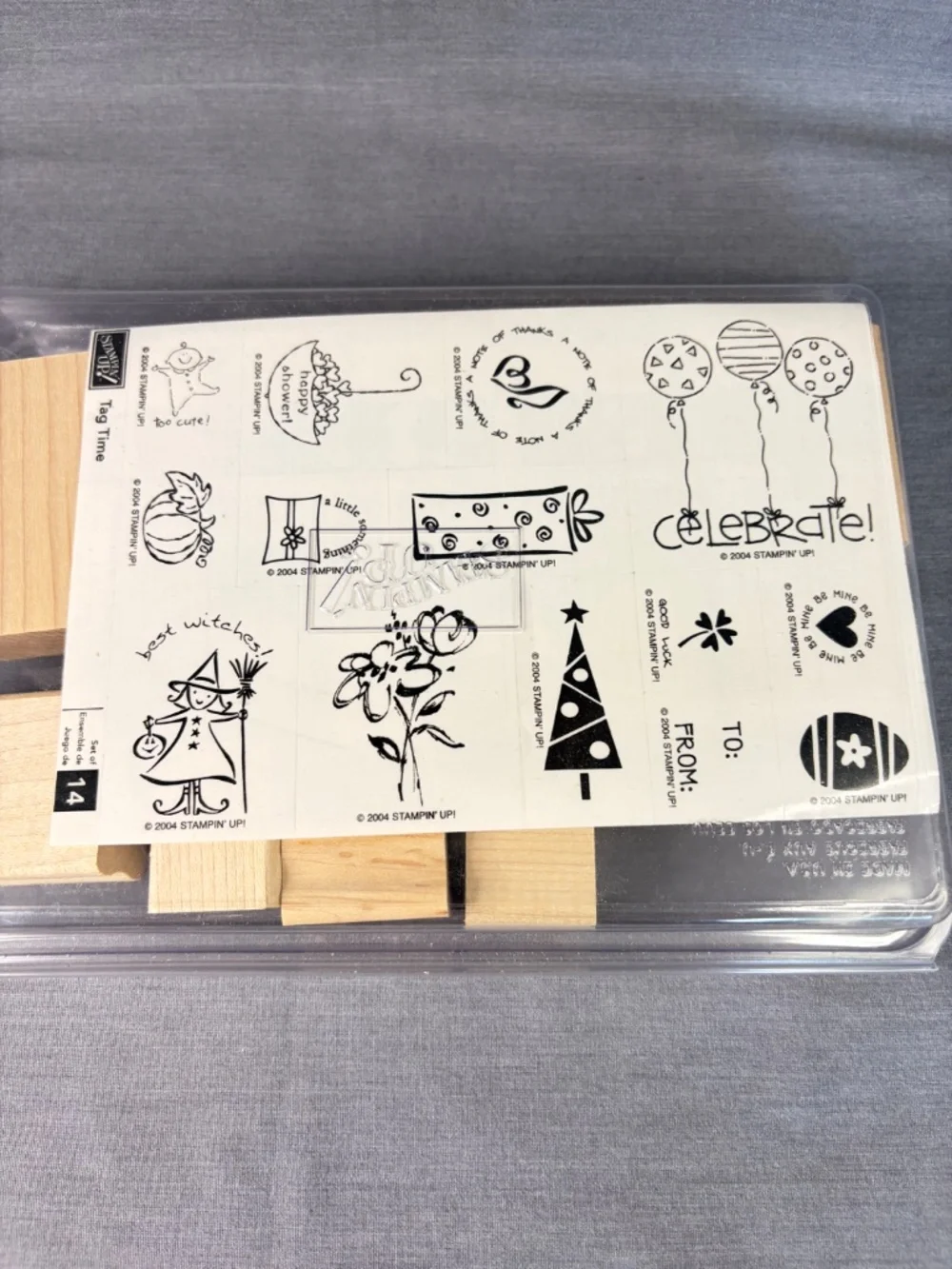 NEW Stampin' Up Tag Time (2004) Set of 14 Wood Mounted Rubber Stamps Retired